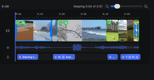 Multi-track timeline with narration clips and audio waveform
